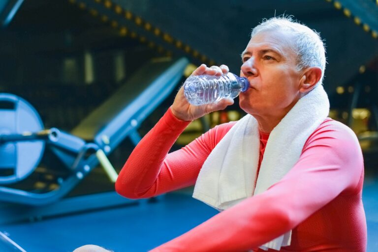 Senior man in gym resting and drinking water post workout for hydration.