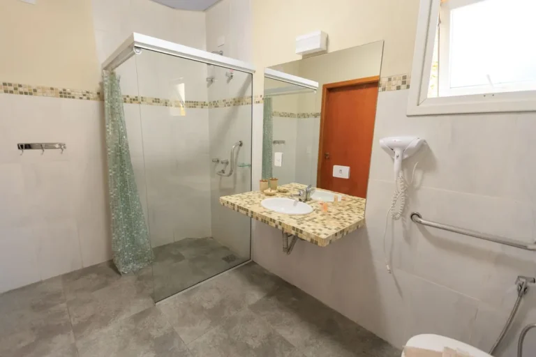 Spacious and accessible bathroom featuring a large glass shower, modern sink, and stylish decor.