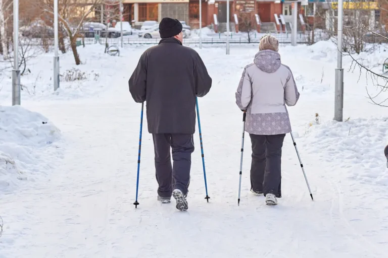 Elderly couple enjoying a winter walk with ski poles in a snowy park setting.